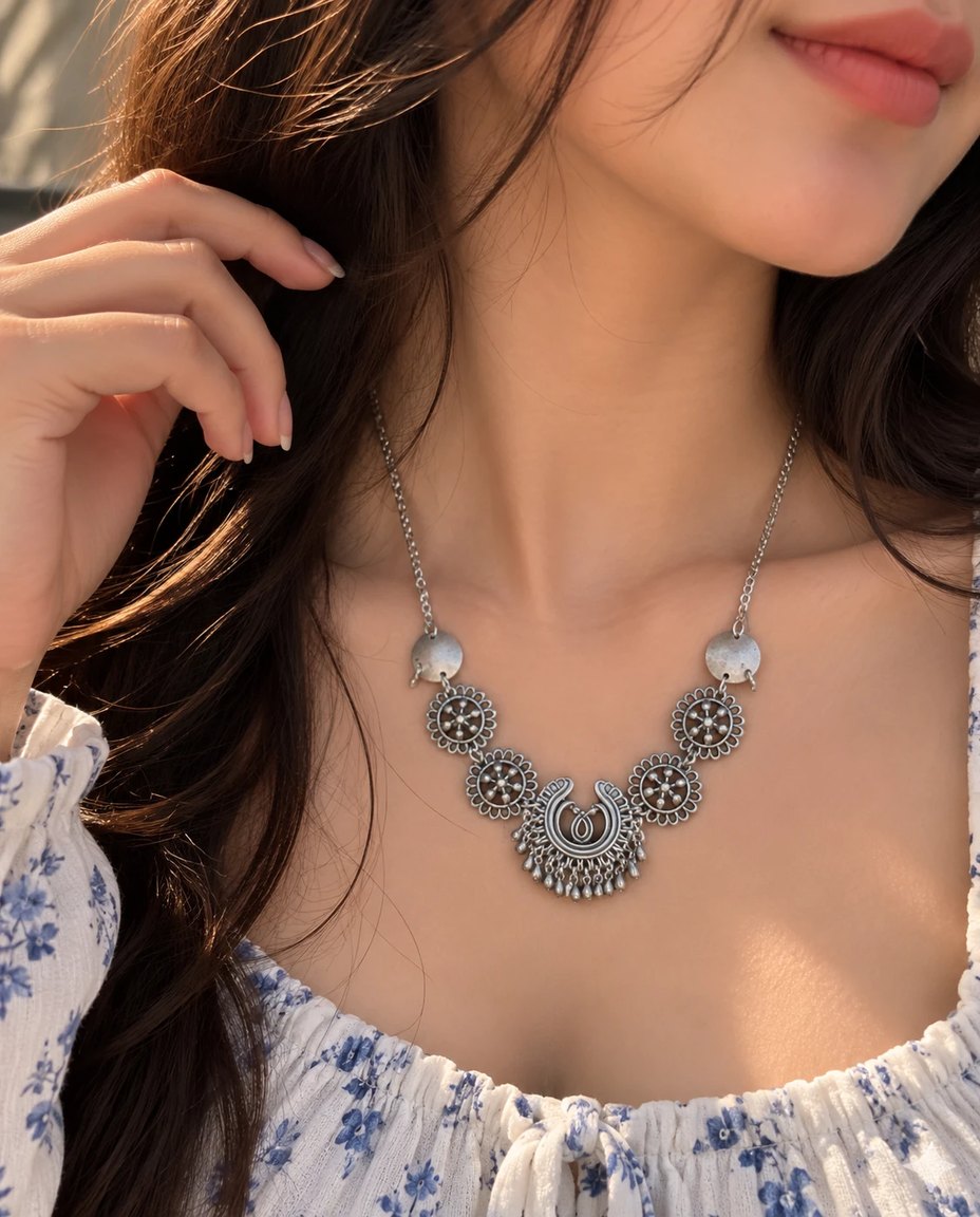 Oxidized Silver Floral Chandbali Necklace